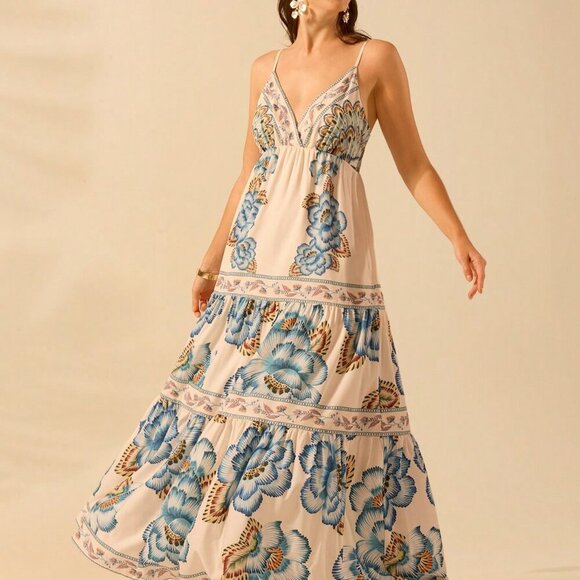 Multicolor Boho Women's Tropical Print V-Neck Long Camisole Dress Beach Dress - Picture 5 of 8